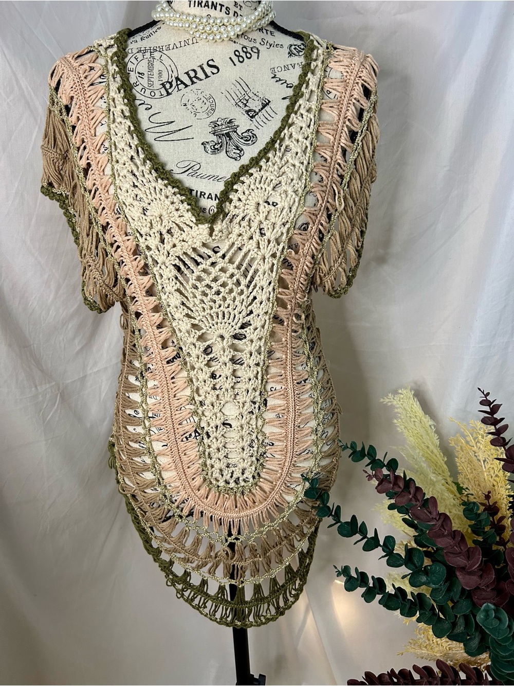 Boho Open Knit Crochet Tunic Festival Beach Cover Up Earthy Multicolor Medium